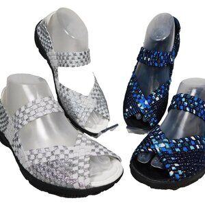 2 Lady Godiva Women's Size 8M Flat Elastic Weave Shoes Blue Silver/ White Silver